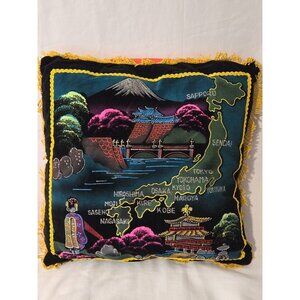 VTG Velvet  Japanese Souvenir Pillow With Fringe Map Retro 70's Bohemian